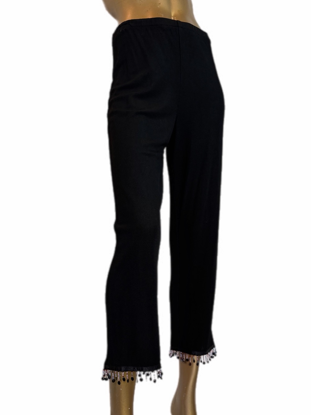 Y2K Black Beaded /Sequin Hem Crop Pants Size 6 Acetate Spandex Stretch Pull-On
